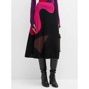 Tory Burch Colorblock Knit Crepe Midi Skirt Black Brown Pink 6 $998
